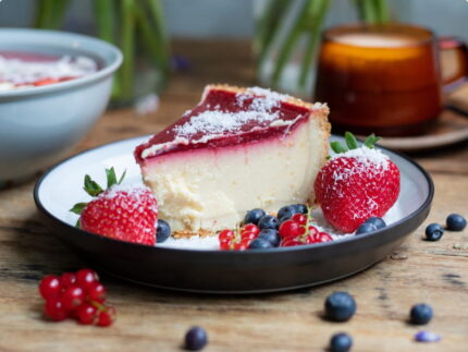 Classic Plain Cheesecake with berry compote